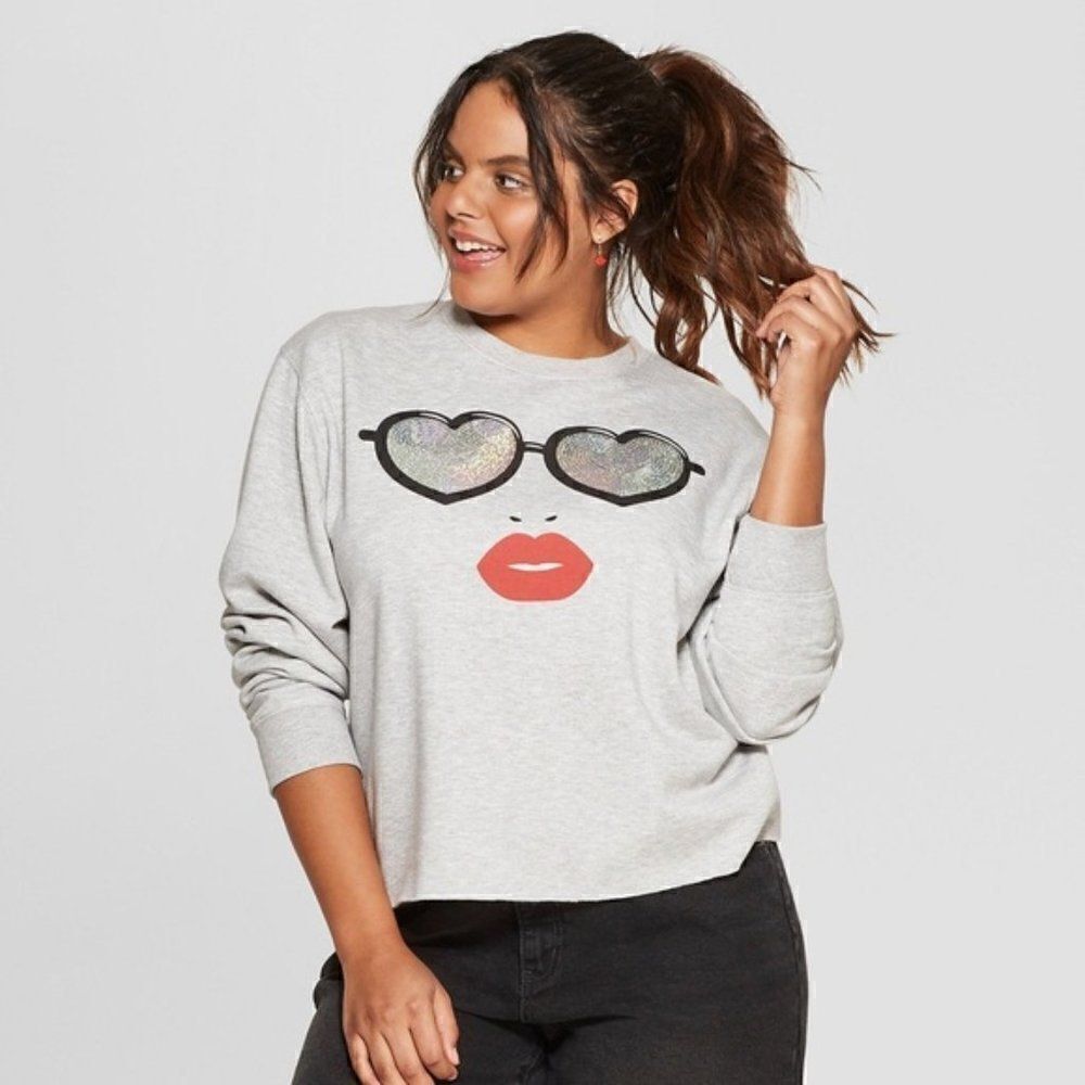 Mighty Fine Sequin Glasses Cropped Sweatshirt Sz L